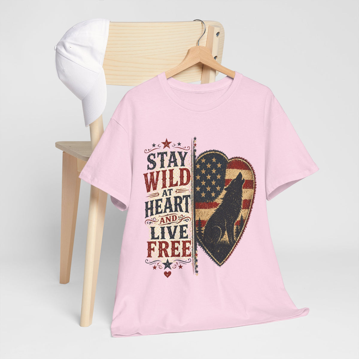 Stay Wild at Heart Live Free T-Shirt - Patriotic Wolf Heart Graphic