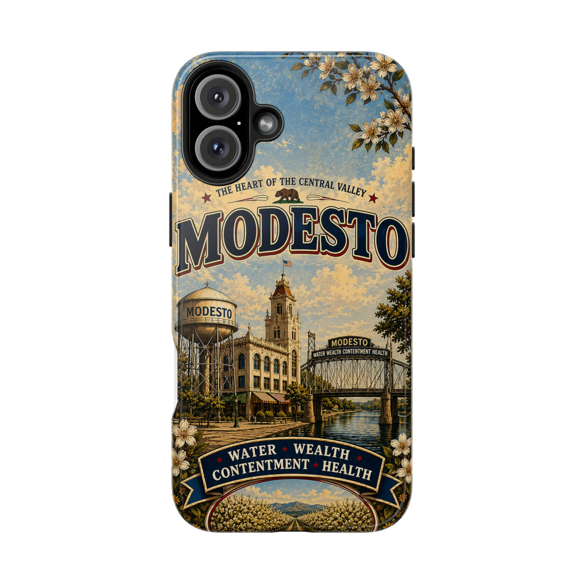 Modesto Faux Patchwork Phone Case – Central Valley Heritage Retro Travel Art, Orchard & Waterfront Cover