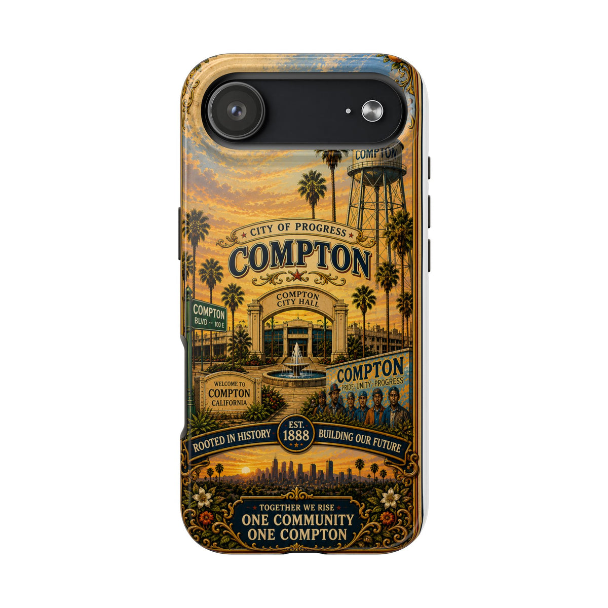 Compton Heritage Tough PhoCompton California Vintage Travel Phone Case City of Progress Retro Skyline Landmark Coverne Case — "One Community, One Compton" Vintage City Design