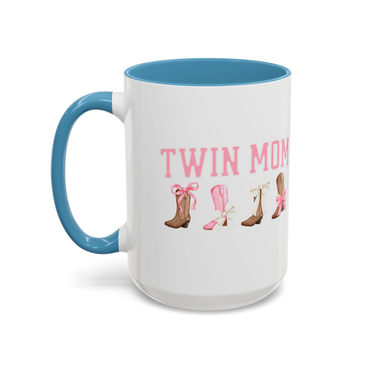 Twin Mom Letters Coffee Mug with Cowboy Boots and Bow – 11oz & 15oz Accent Mug – Cute Western Gift for Twin Moms