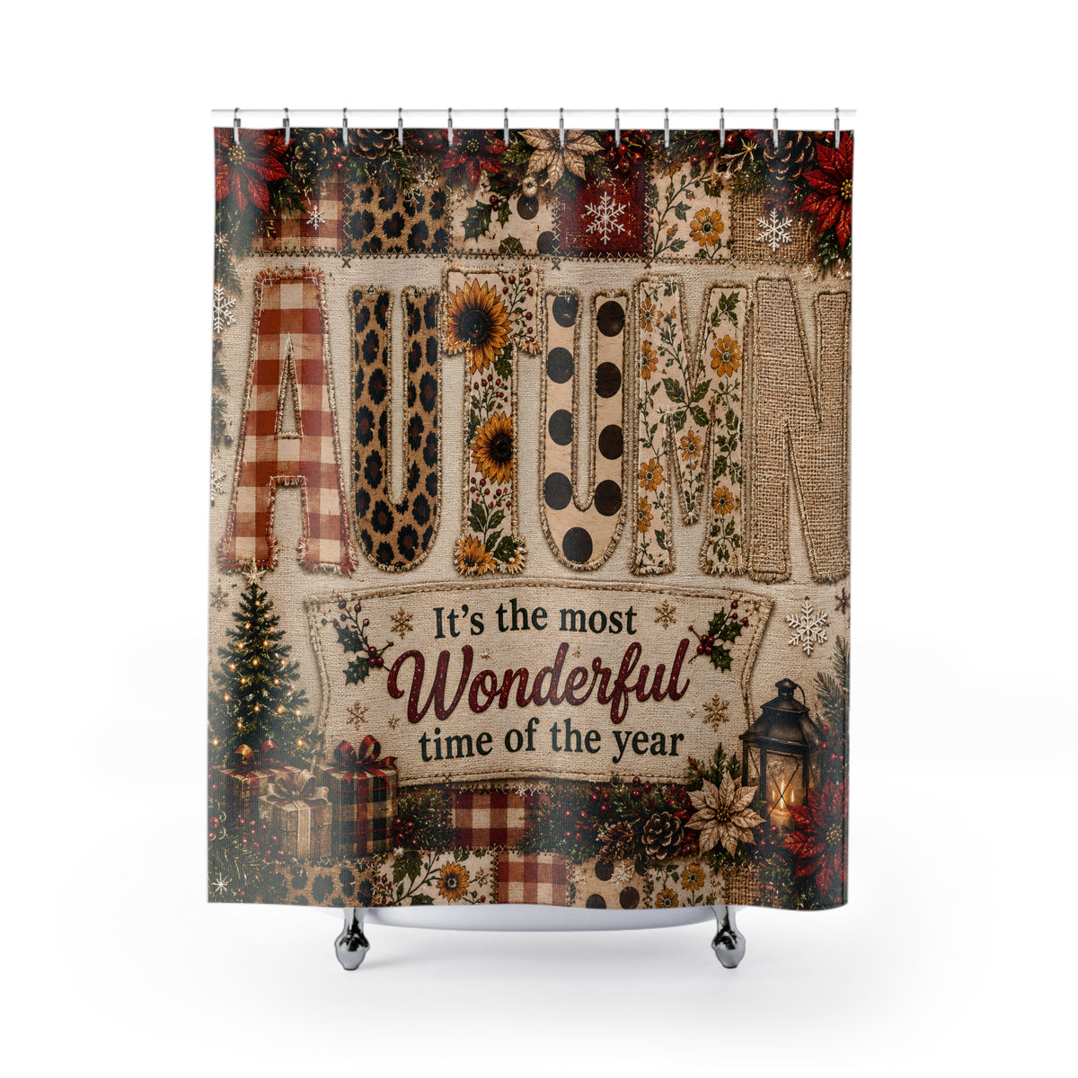 Autumn Christmas Shower Curtain Faux Patchwork Plaid Leopard Sunflower Rustic Farmhouse Holiday Bathroom Decor