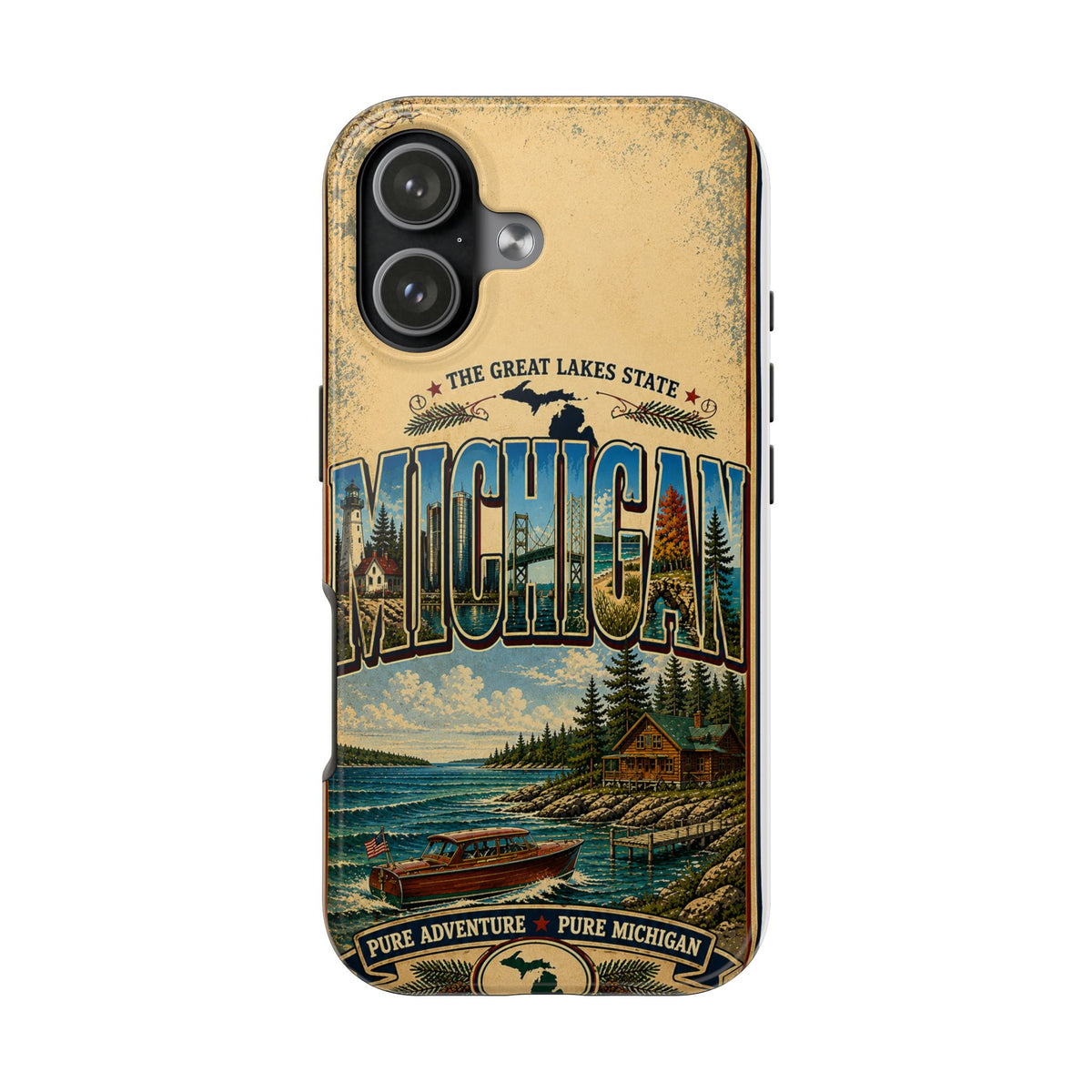 Michigan Great Lakes Faux Patchwork Phone Case – Vintage Travel Poster Style Michigan State Pride Cover for iPhone & Samsung