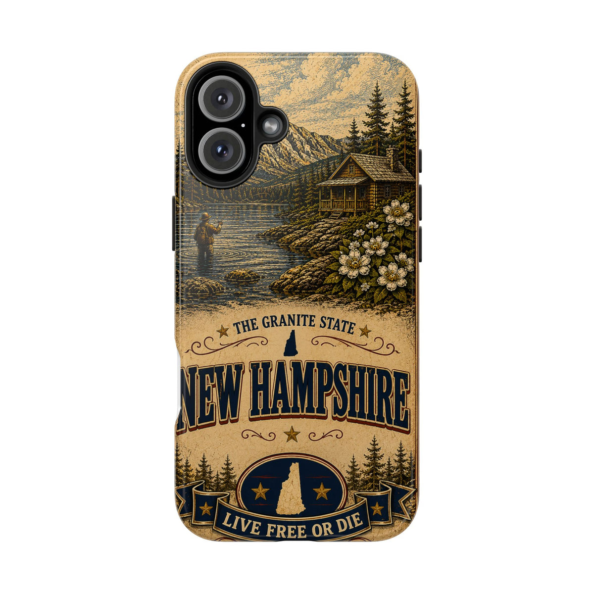 New Hampshire Faux Patchwork Phone Case Live Free or Die Granite State Vintage Travel Poster iPhone 17 Samsung S26 Cover