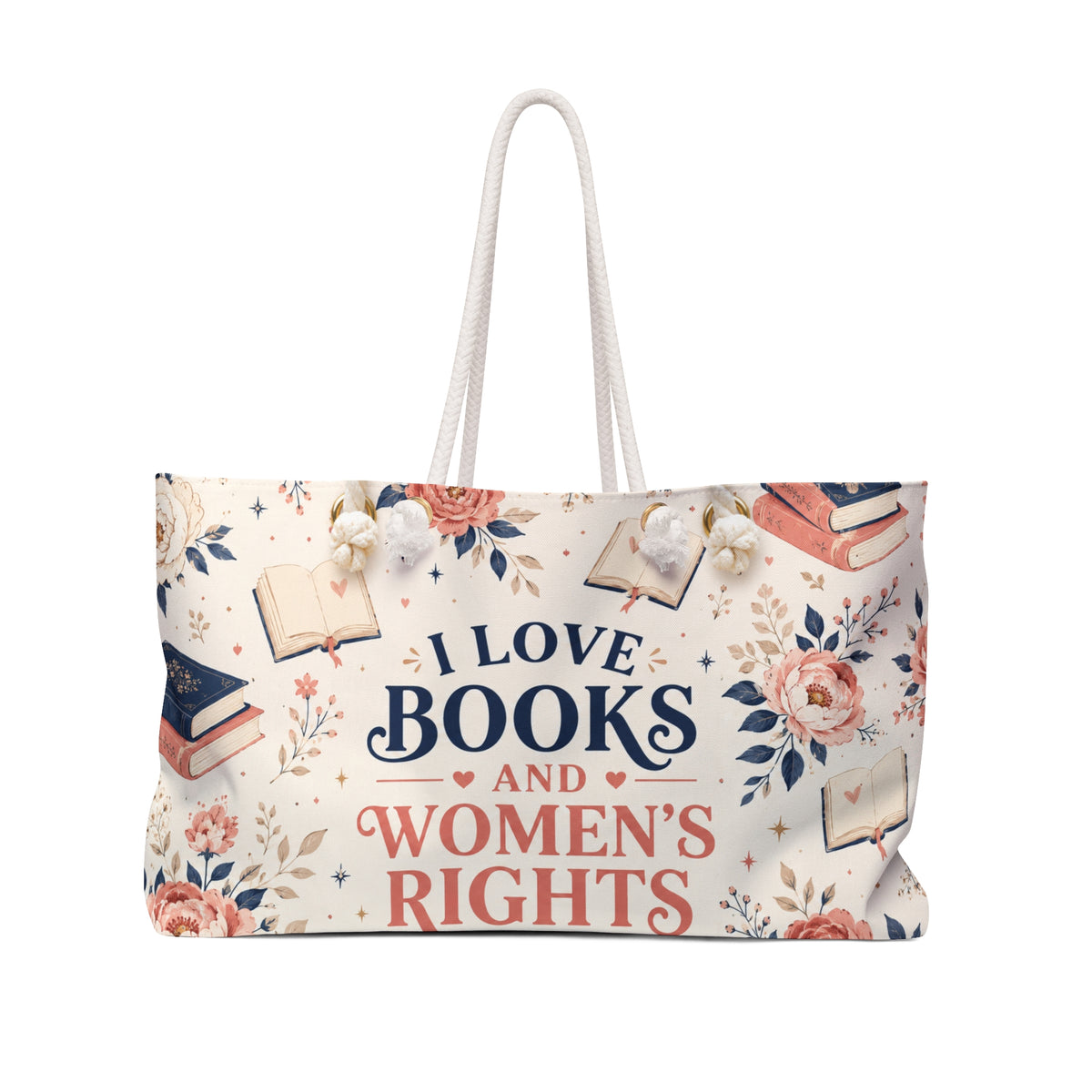 I Love Books and Women's Rights Weekender Bag Floral Book Lover Travel Tote Feminist Reader Gift