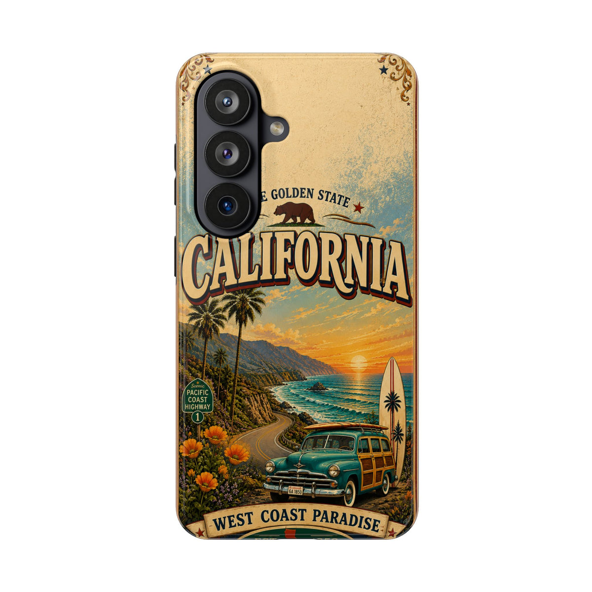 California Golden State Faux Patchwork Phone Case Vintage Travel Poster Retro State Pride Cover