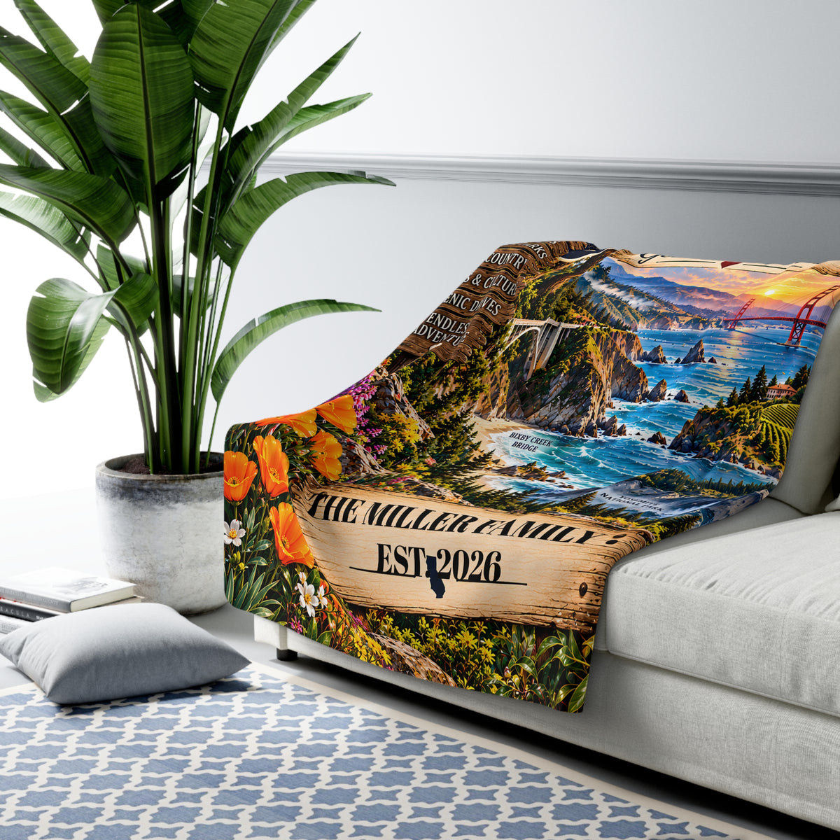 California Personalized Sherpa Fleece Blanket, Golden State Scenic Landmarks Custom Family Gift