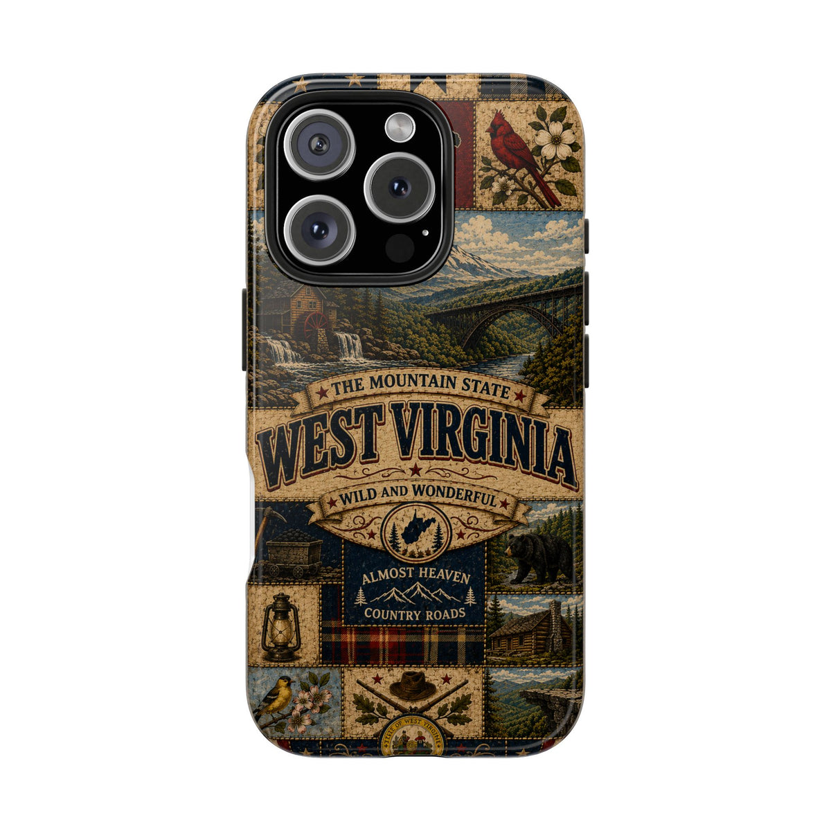 West Virginia Faux Patchwork Phone Case Mountain State Retro New River Gorge Bridge Wild and Wonderful Cover