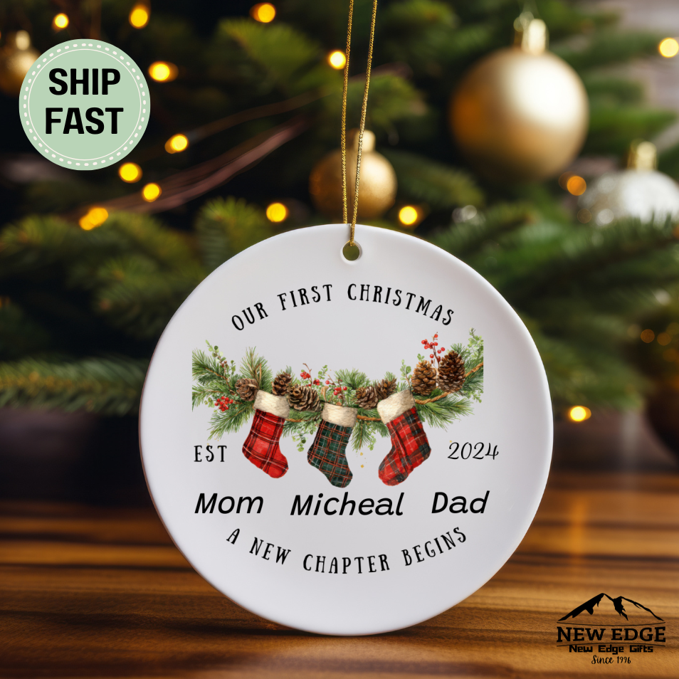 Our First Christmas Ornament EST 2024 – Family of Three Personalized Ornament – Mom, Dad & Child Keepsake – A New Chapter Begins