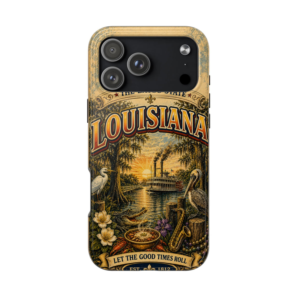 Louisiana Bayou State Faux Patchwork Phone Case – Vintage Travel Poster Style Louisiana Souvenir Cover for iPhone & Samsung