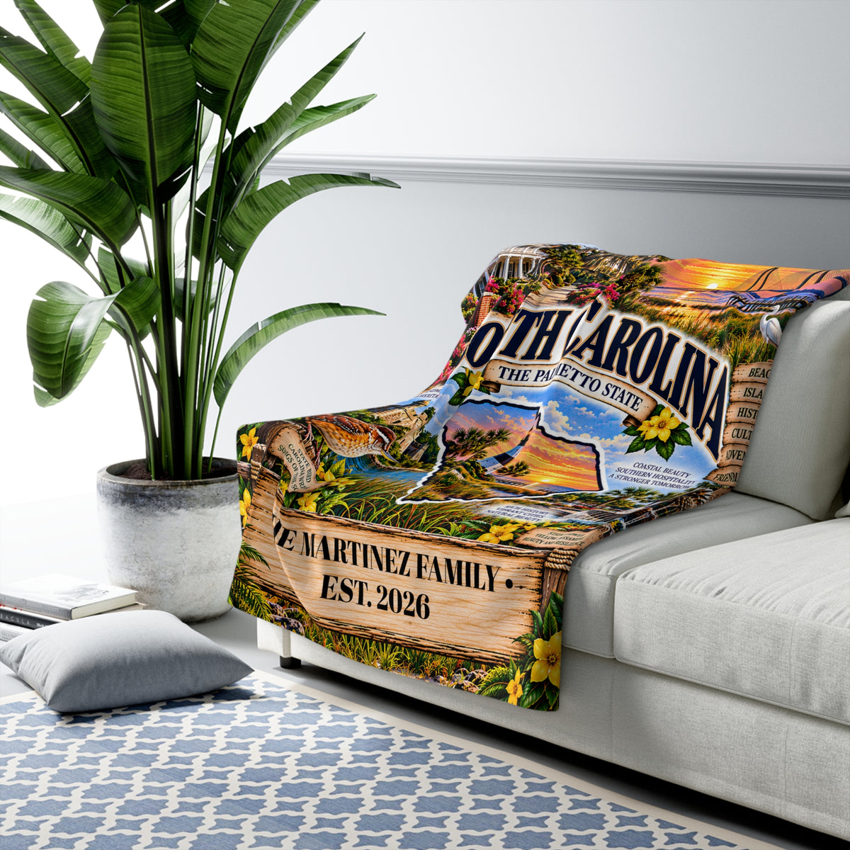 South Carolina Personalized Sherpa Fleece Blanket, Lowcountry Coast Lighthouse Palmetto State Heritage