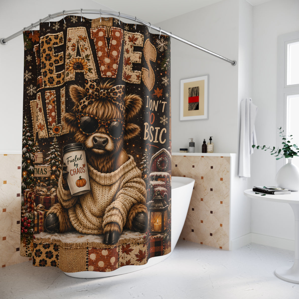 Christmas Highland Cow Shower Curtain Cozy Sweater Leopard Print Merry Christmas Rustic Farmhouse Holiday Bathroom Decor