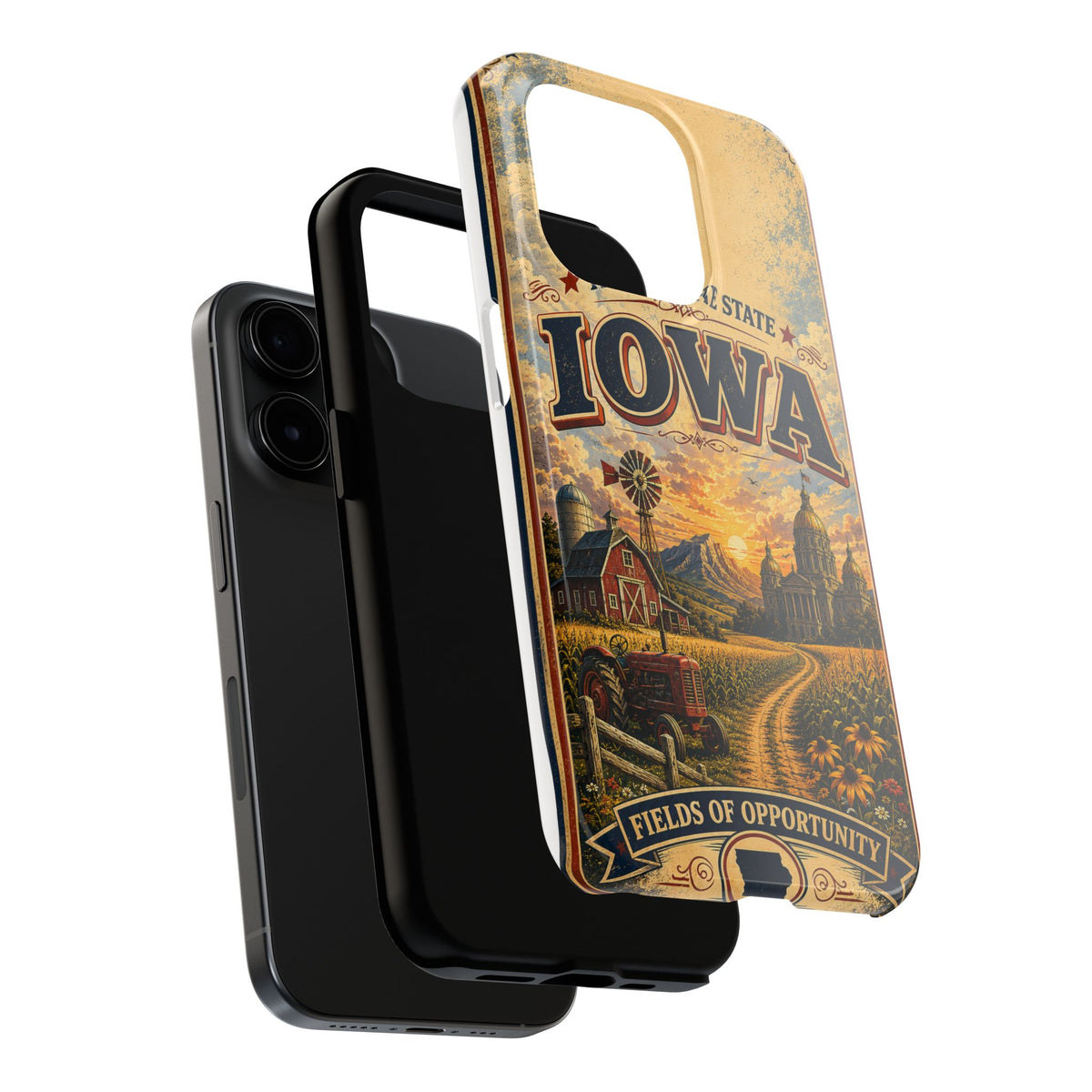 Iowa Hawkeye State Faux Patchwork Phone Case – Vintage Travel Poster Style Iowa Souvenir Cover for iPhone & Samsung