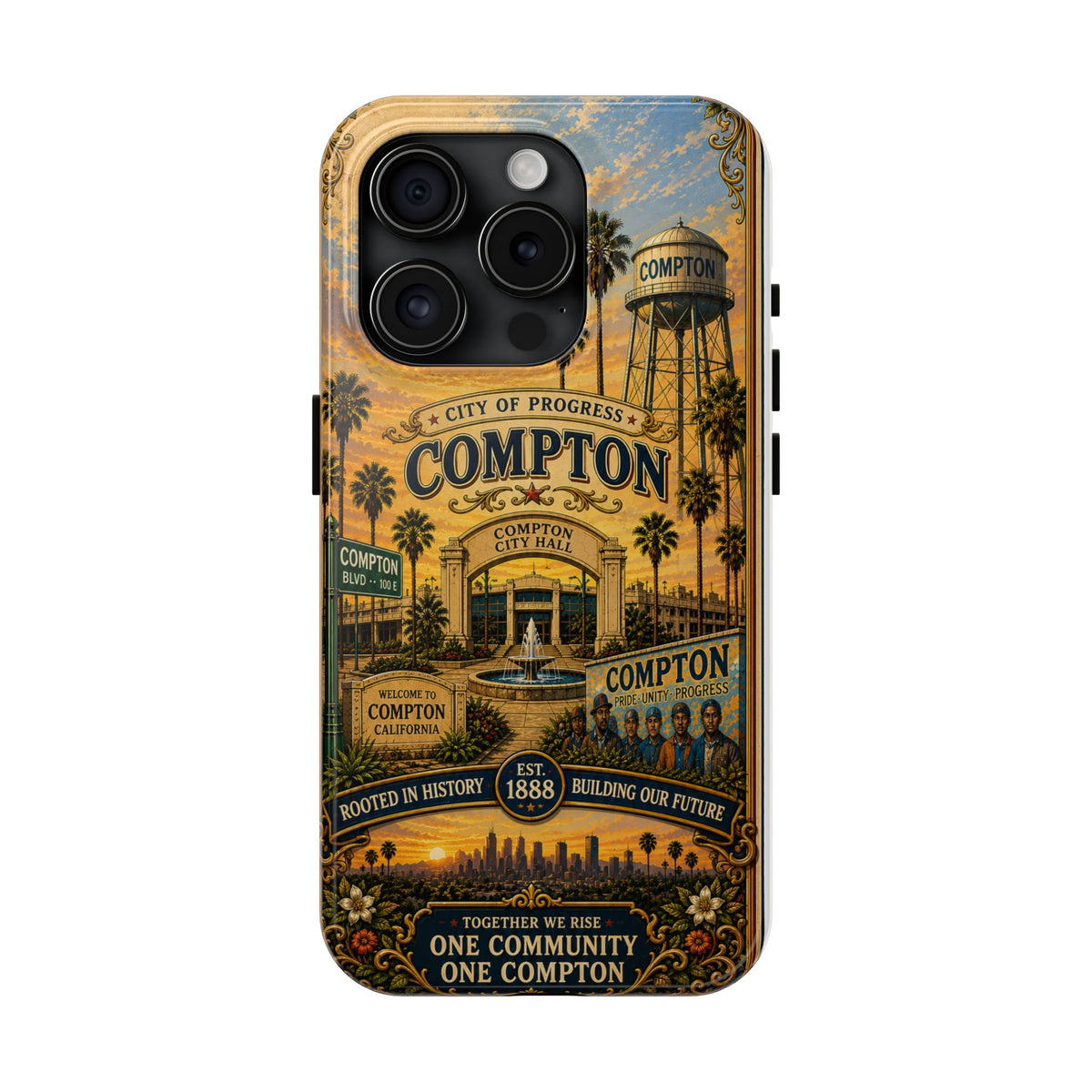 Compton Heritage Tough PhoCompton California Vintage Travel Phone Case City of Progress Retro Skyline Landmark Coverne Case — "One Community, One Compton" Vintage City Design