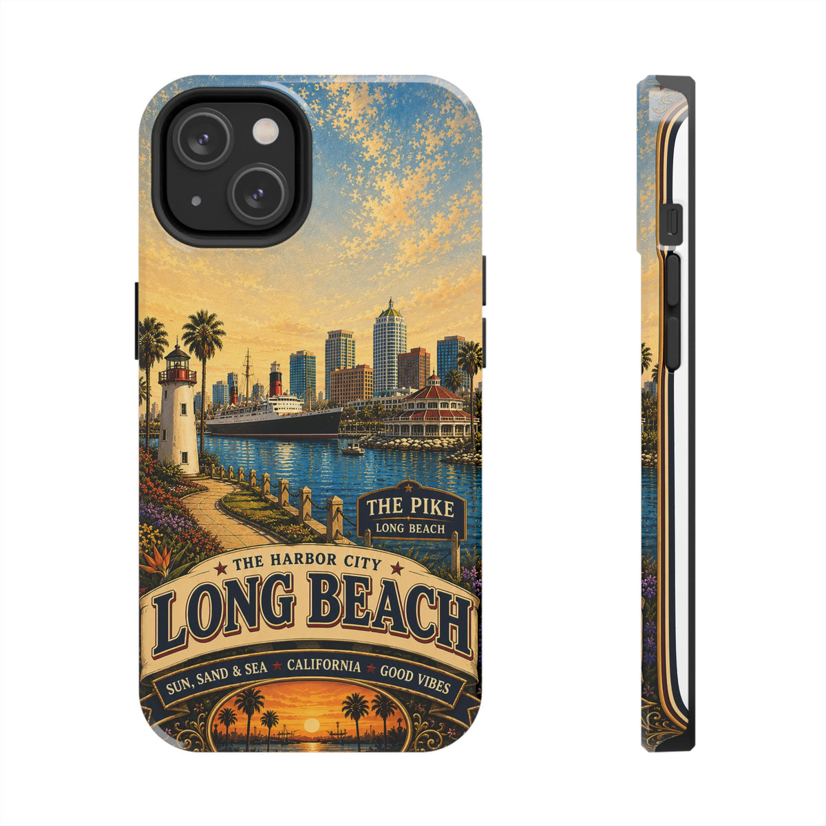 Long Beach Faux Patchwork Phone Case – Harbor City Coastal Retro Art, California Sunset Waterfront Cover