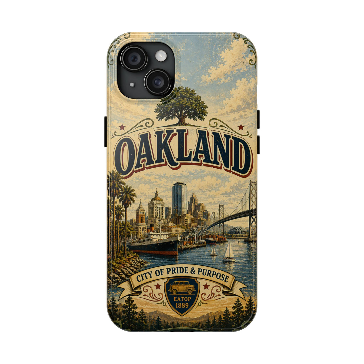Oakland Bay Heritage Faux Patchwork Phone Case – City of Pride & Purpose Vintage Skyline Art Cover