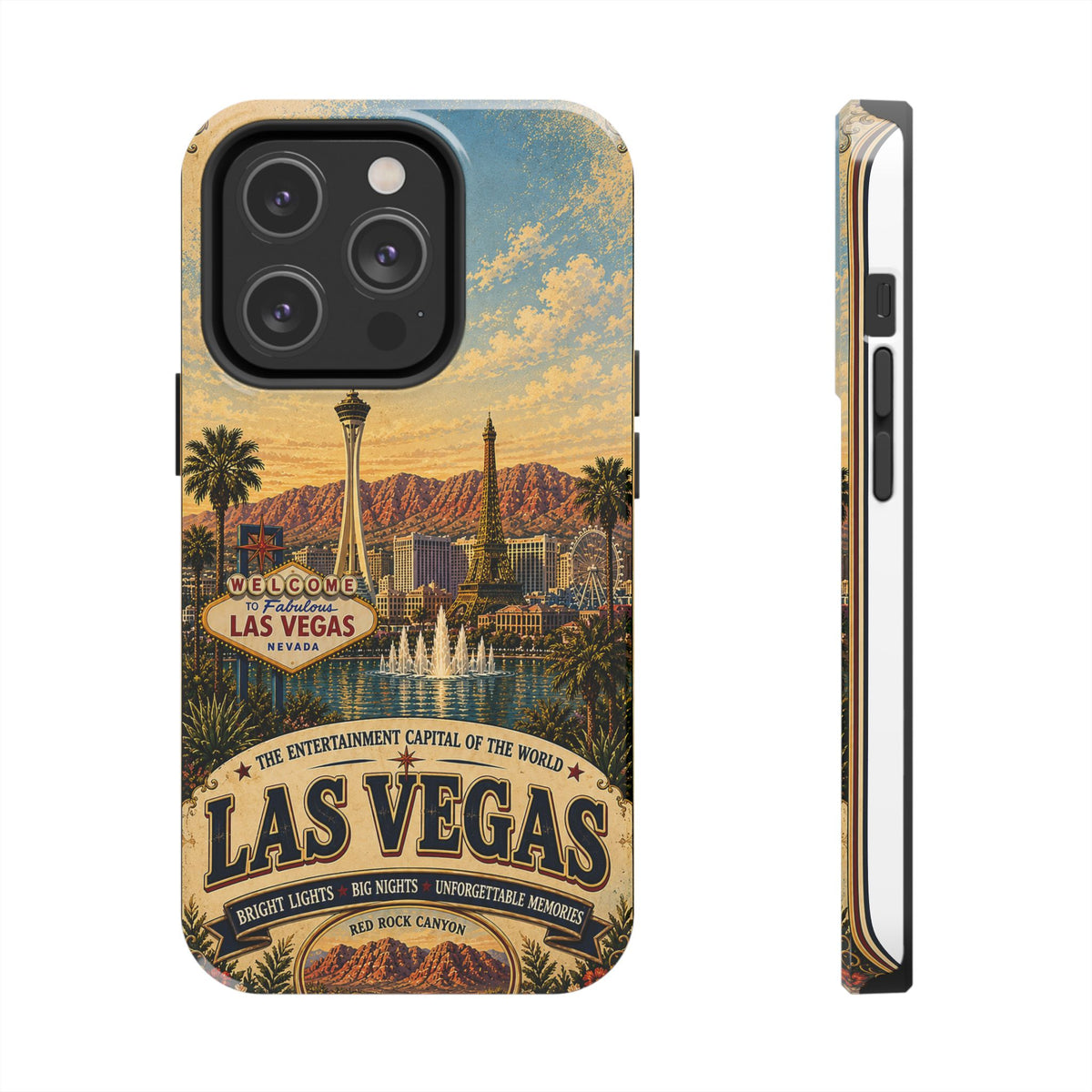 Las Vegas Faux Patchwork Phone Case – Entertainment Capital Retro Travel Art, Strip Skyline & Desert Sunset Cover