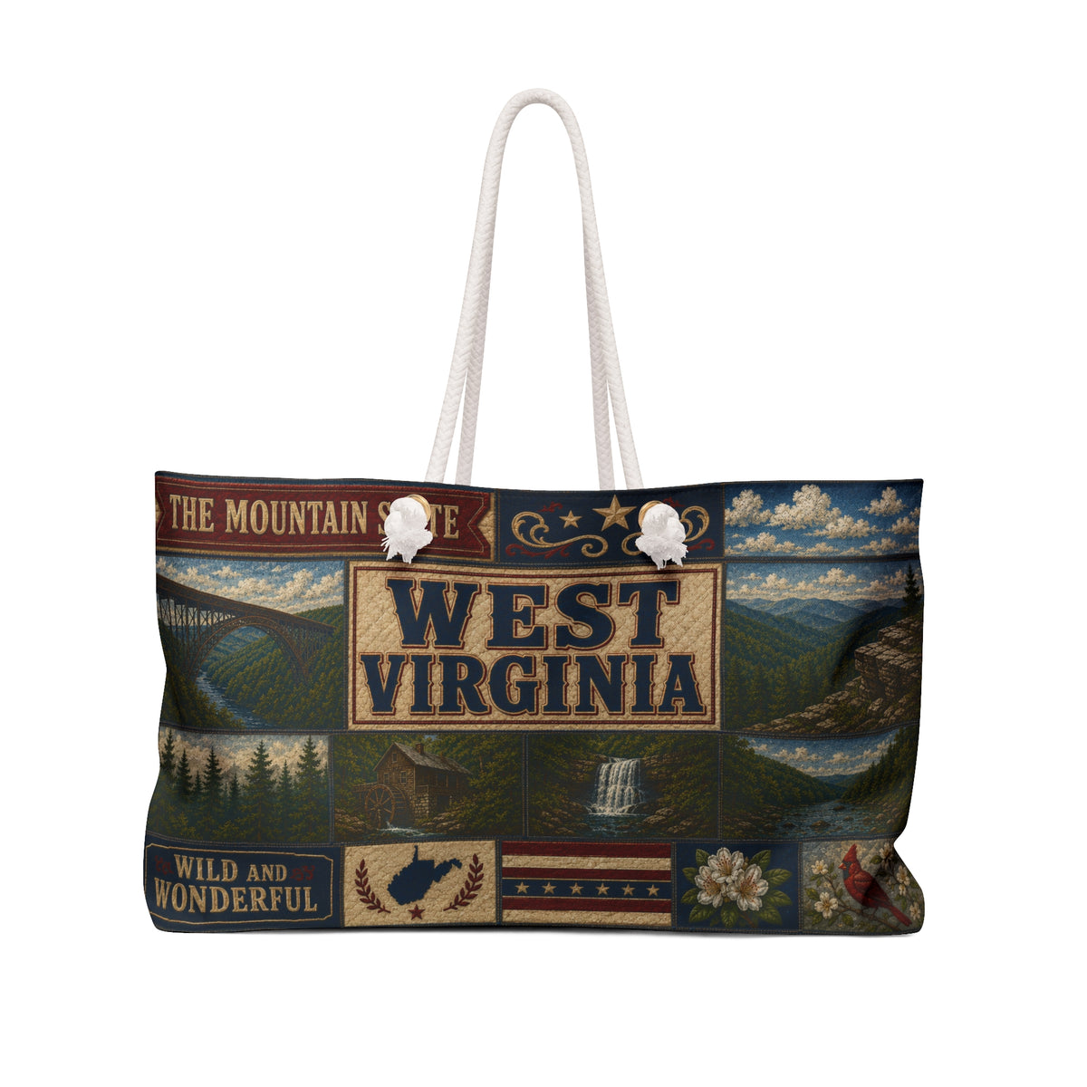 West Virginia Weekender Bag Wild and Wonderful Faux Patchwork Travel Tote Mountain State Adventure Overnight Gift