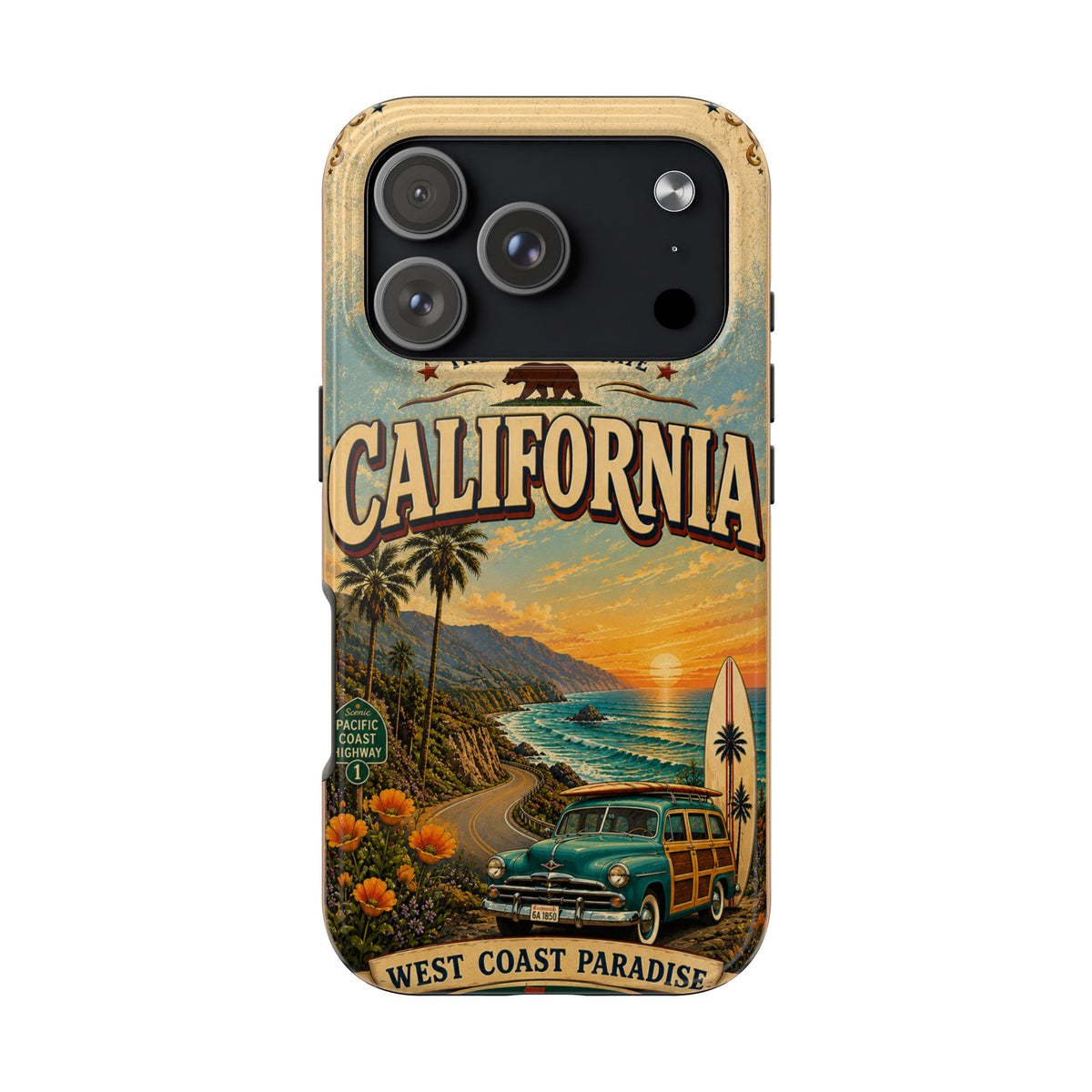 California Golden State Faux Patchwork Phone Case Vintage Travel Poster Retro State Pride Cover
