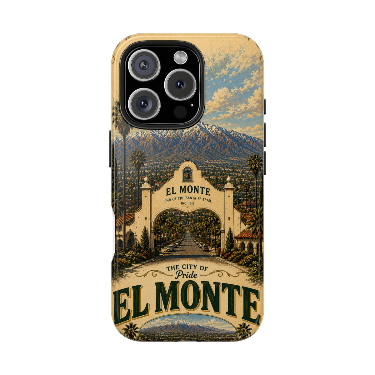 El Monte Faux Patchwork Phone Case – Santa Fe Trail Historic Archway Retro Travel Cover for iPhone 17 Samsung S26