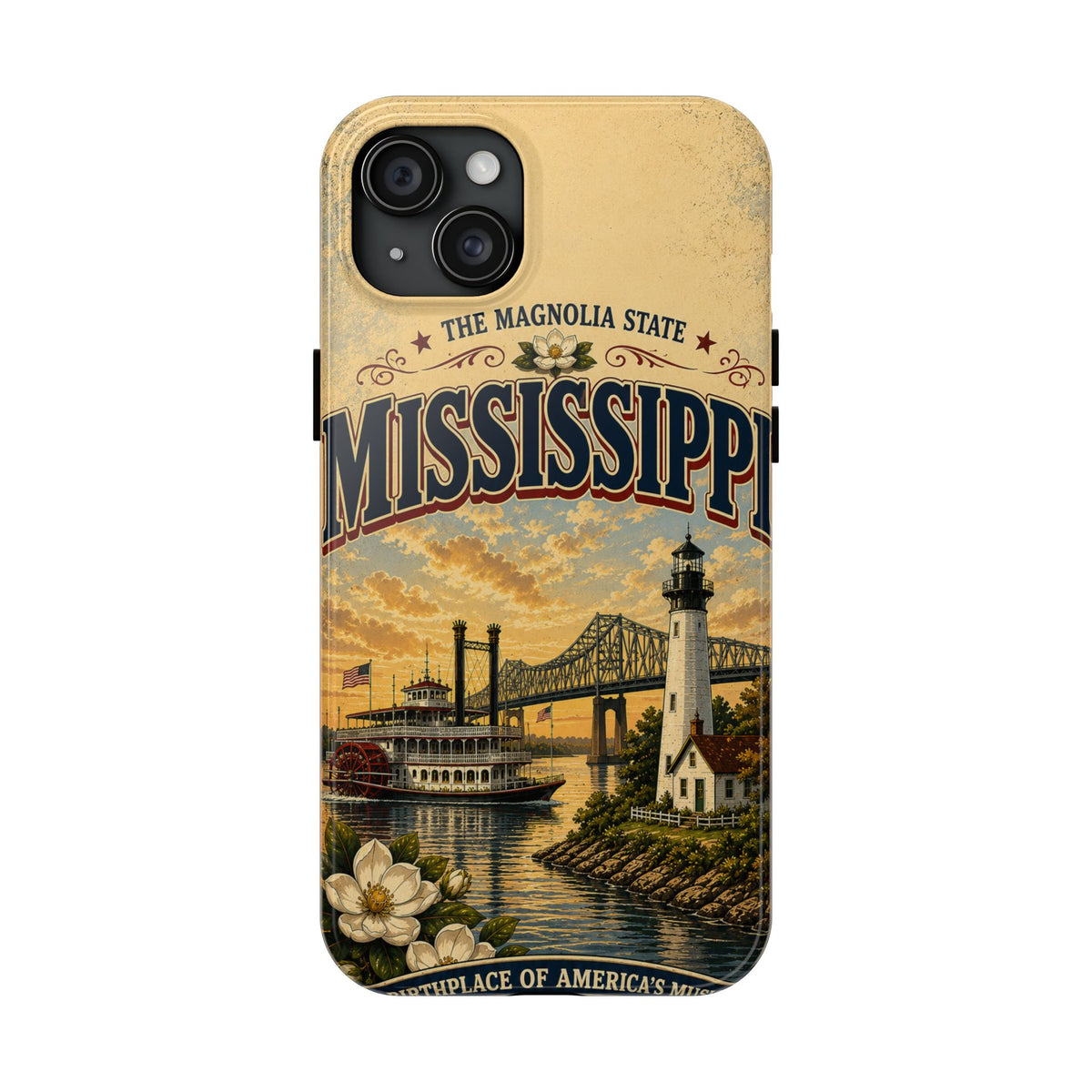 Mississippi Magnolia State Faux Patchwork Phone Case – Vintage Travel Poster Riverboat Lighthouse Design for iPhone & Samsung