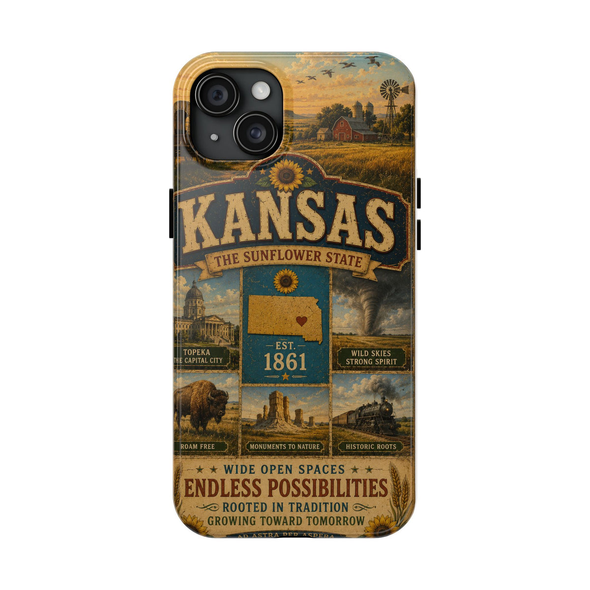 Kansas Faux Patchwork Phone Case – The Sunflower State Vintage Travel Poster Retro State Pride Cover Est 1861 for iPhone & Samsung