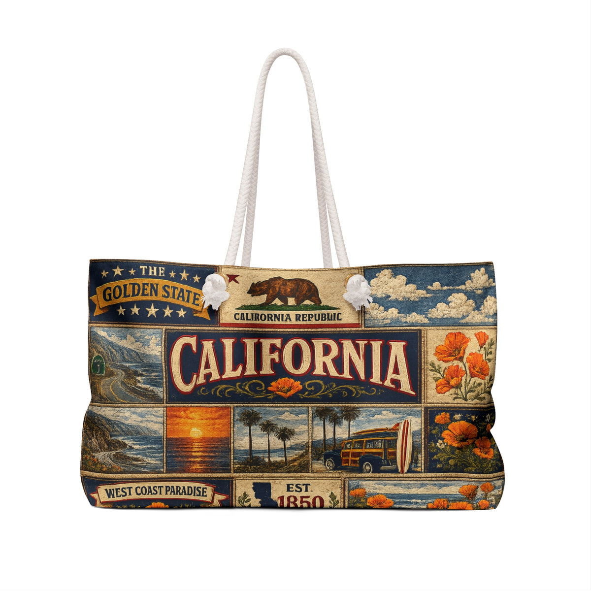 California Weekender Bag The Golden State Faux Patchwork Travel Tote West Coast Paradise Vintage State Souvenir Gift