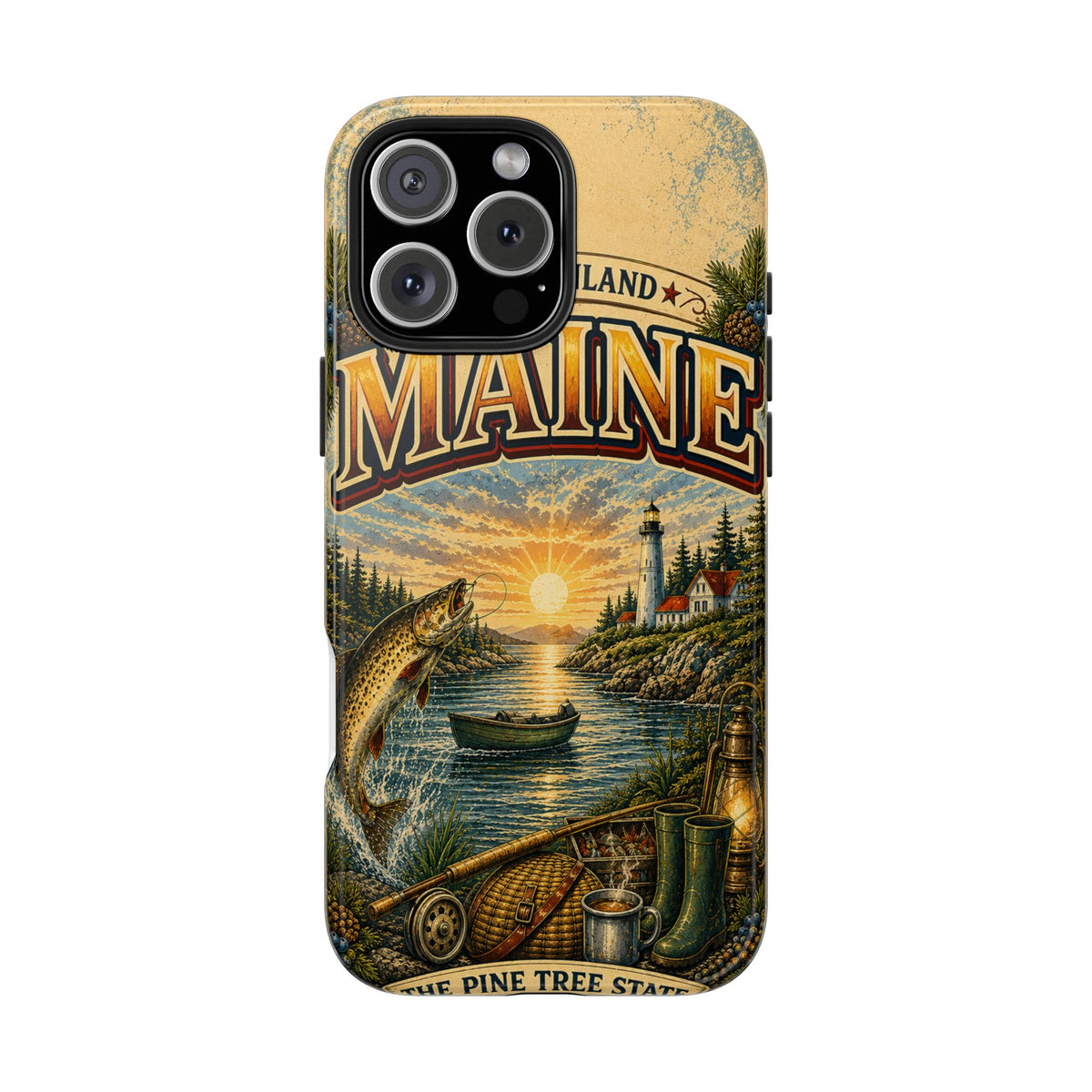 Maine Vacationland Faux Patchwork Phone Case – Vintage Travel Poster Style Coastal Maine Souvenir Cover for iPhone & Samsung