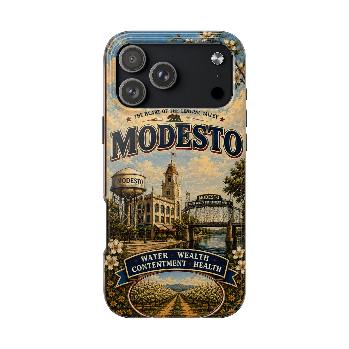 Modesto Faux Patchwork Phone Case – Central Valley Heritage Retro Travel Art, Orchard & Waterfront Cover