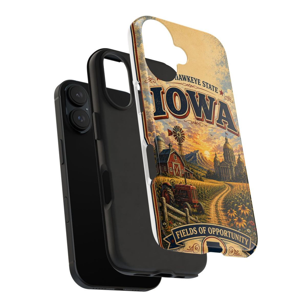 Iowa Hawkeye State Faux Patchwork Phone Case – Vintage Travel Poster Style Iowa Souvenir Cover for iPhone & Samsung