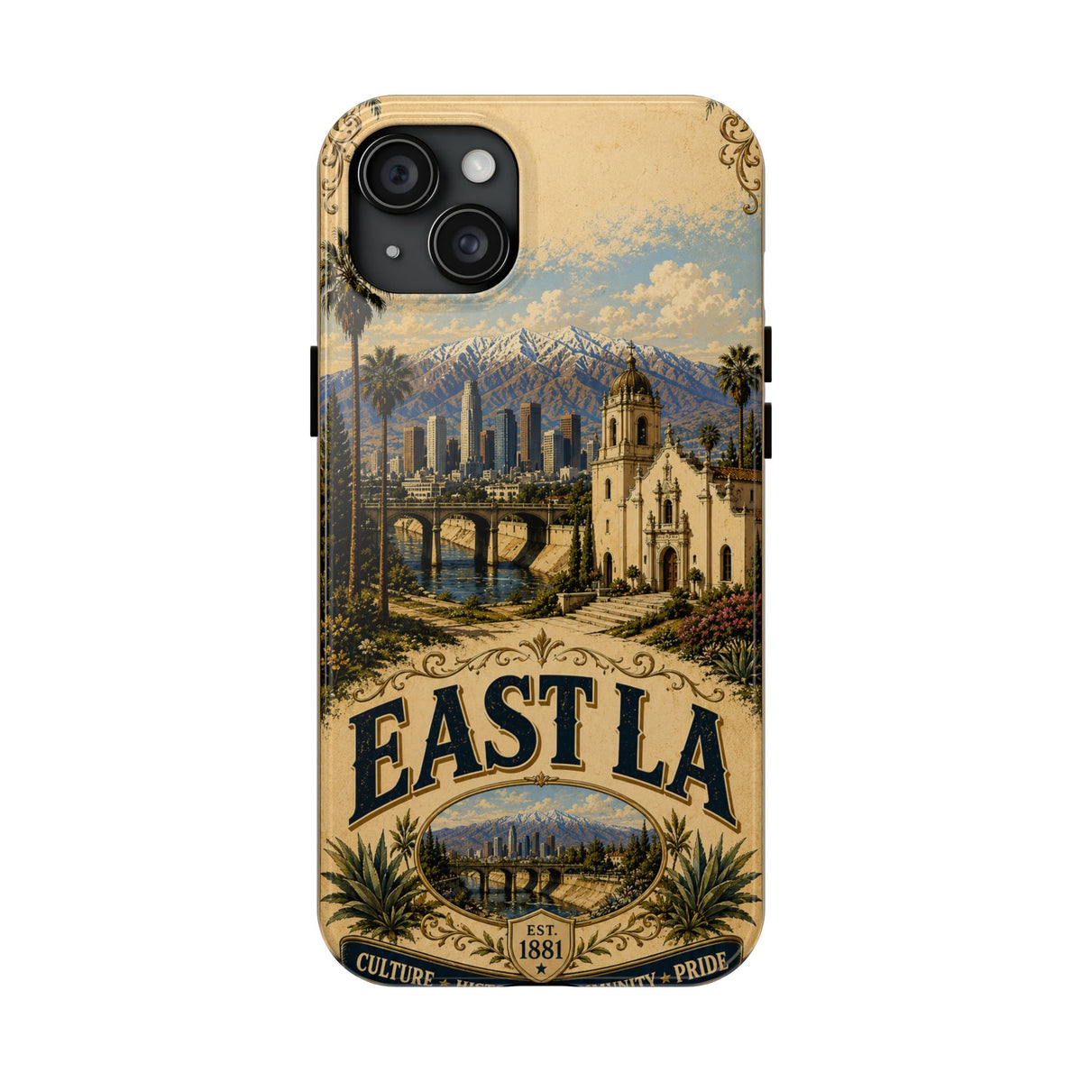 East LA Faux Patchwork Phone Case – Cultural Heritage Skyline & Mission Landmark Retro Cover for iPhone 17 Samsung S26