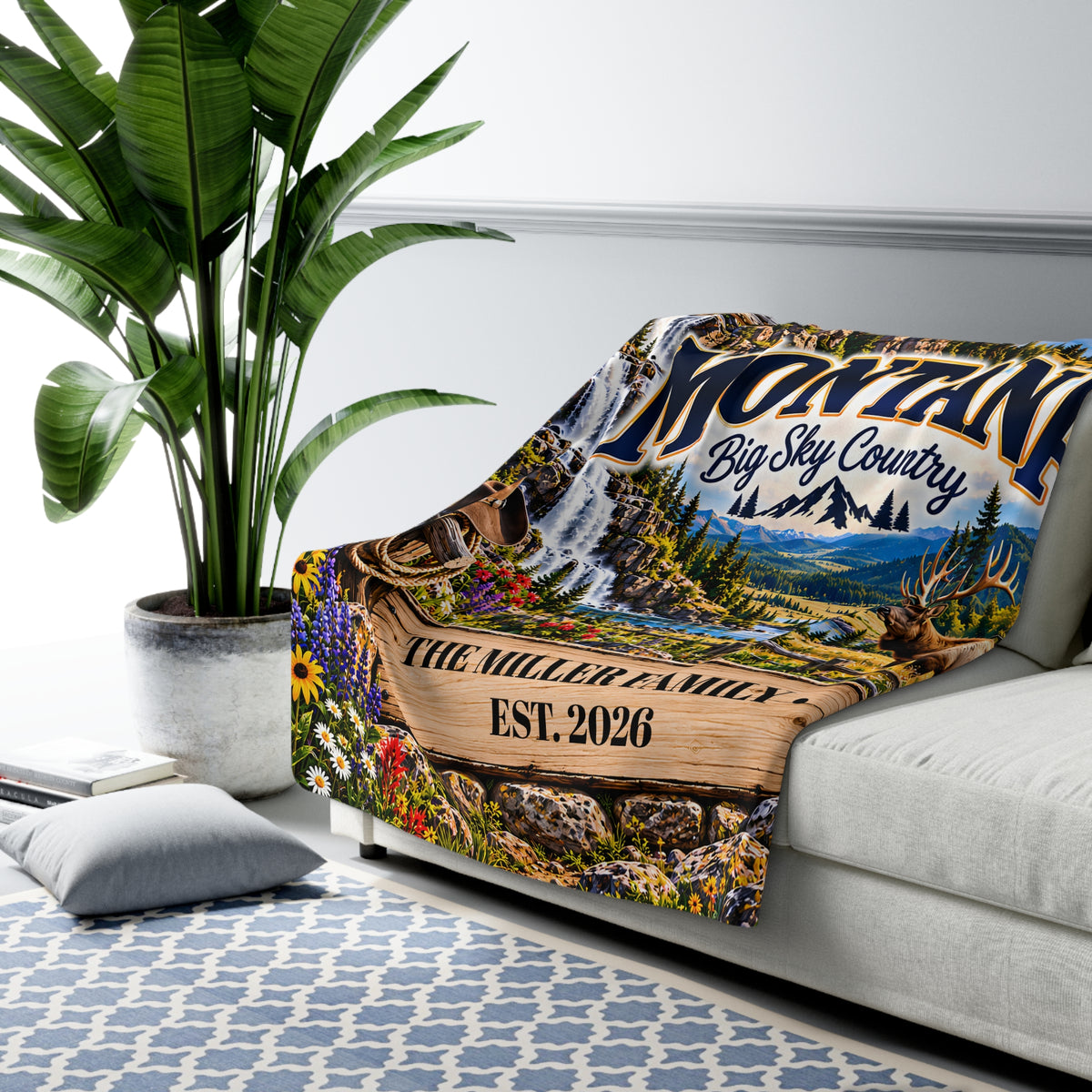 Montana Personalized Sherpa Fleece Blanket, Big Sky Country Mountain Adventure Custom Family Name Gift