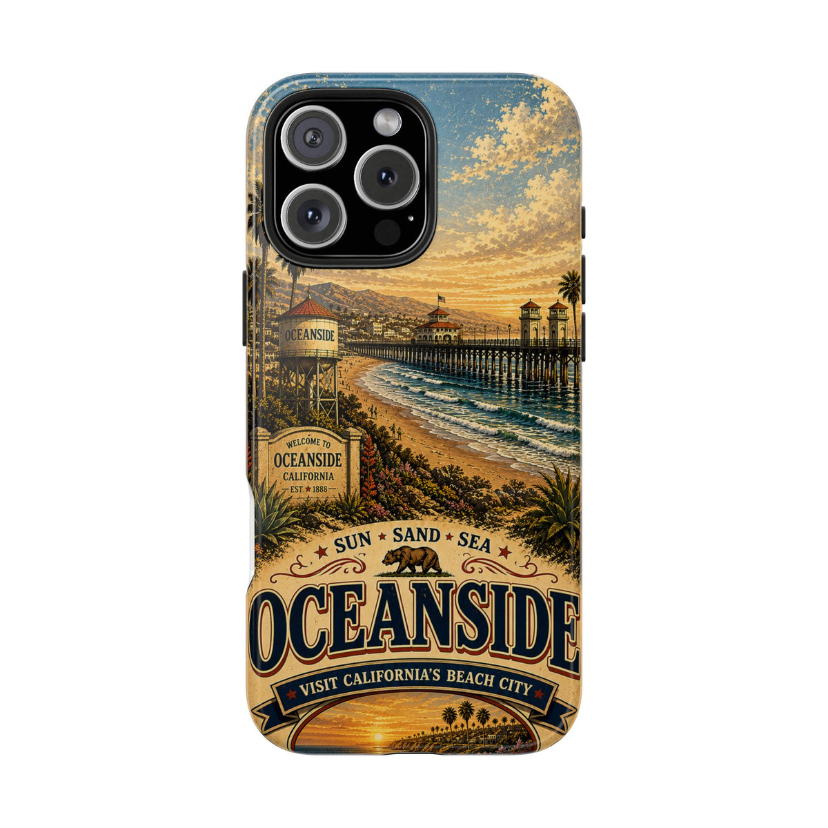 Oceanside Sunset Pier Faux Patchwork Phone Case – California Coastal Vintage Travel Art Beach Cover