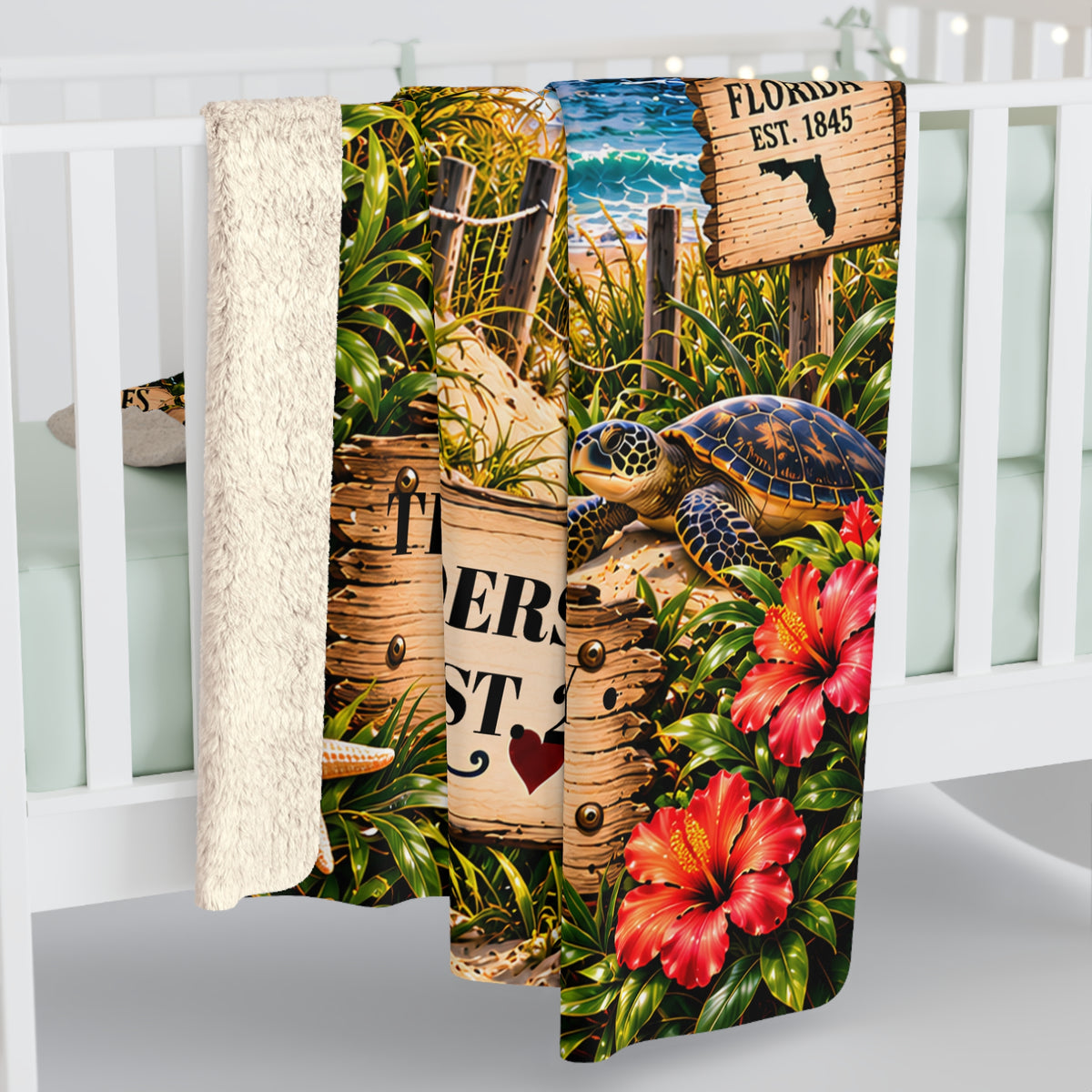 Florida Personalized Sherpa Fleece Blanket, Sunshine State Coastal Landmarks, Custom Family Name
