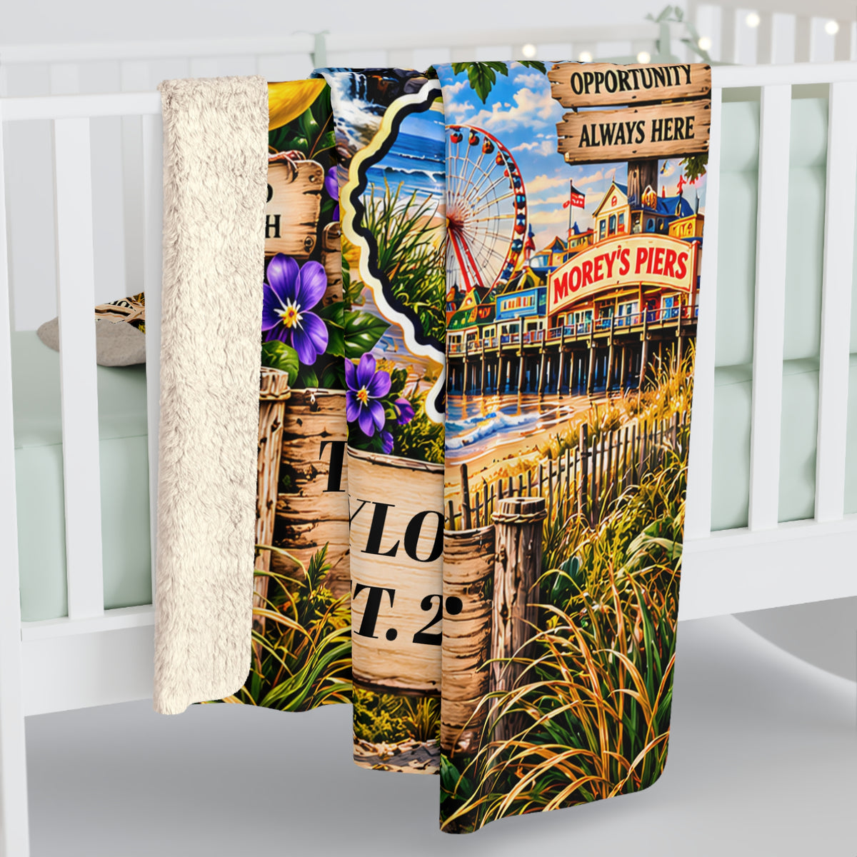 New Jersey Personalized Sherpa Blanket, Garden State Shore Lighthouse Custom Family Name Gift