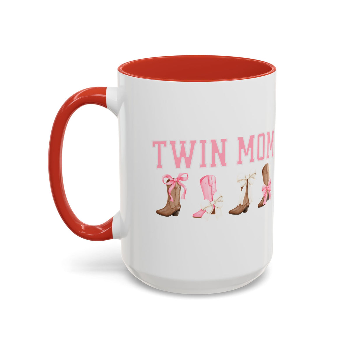Twin Mom Letters Coffee Mug with Cowboy Boots and Bow – 11oz & 15oz Accent Mug – Cute Western Gift for Twin Moms