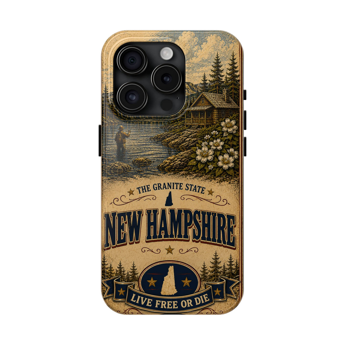 New Hampshire Faux Patchwork Phone Case Live Free or Die Granite State Vintage Travel Poster iPhone 17 Samsung S26 Cover