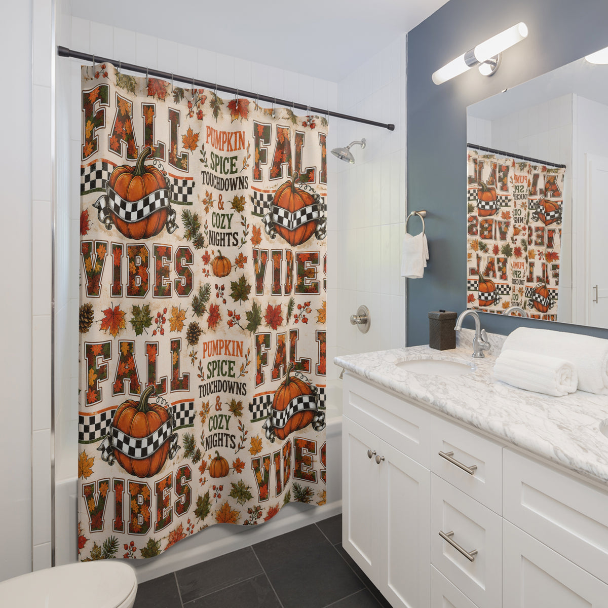Fall Vibes Shower Curtain Pumpkin Spice Football Touchdowns Autumn Leaves Checkered Pumpkins Cozy Rustic Bathroom Decor