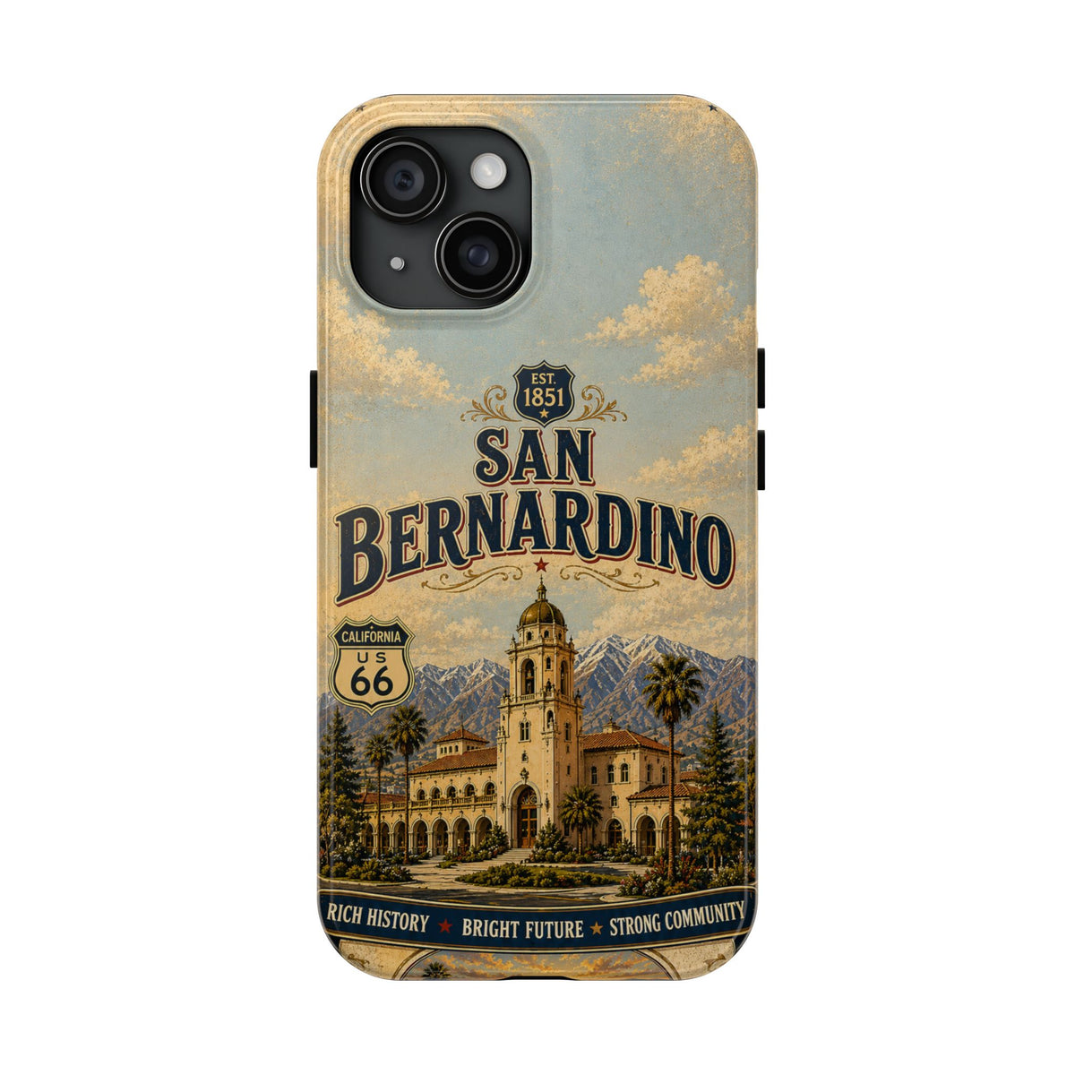 San Bernardino Route 66 Faux Patchwork Phone Case Vintage California Travel Poster Mountain Landmark Cover