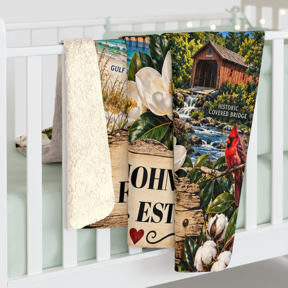 Alabama Personalized Sherpa Fleece Blanket, Custom Family Name, Scenic State Landmarks, Southern Roots Strong Hearts