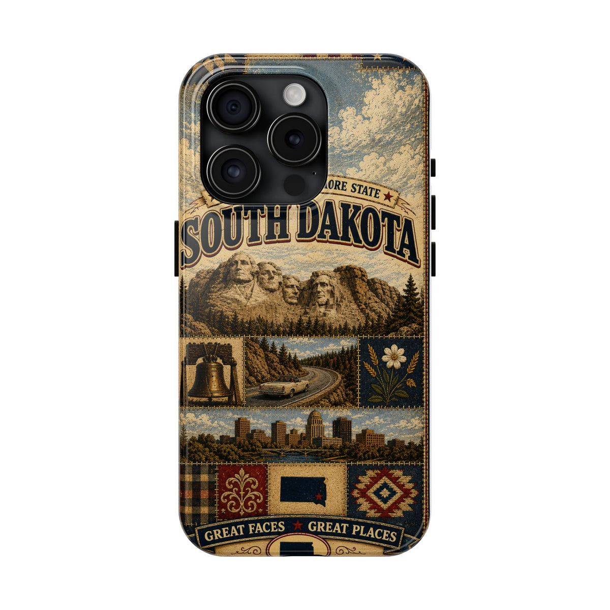 South Dakota Faux Patchwork Phone Case Mount Rushmore State Retro Bison Scenic Road State Pride Cover