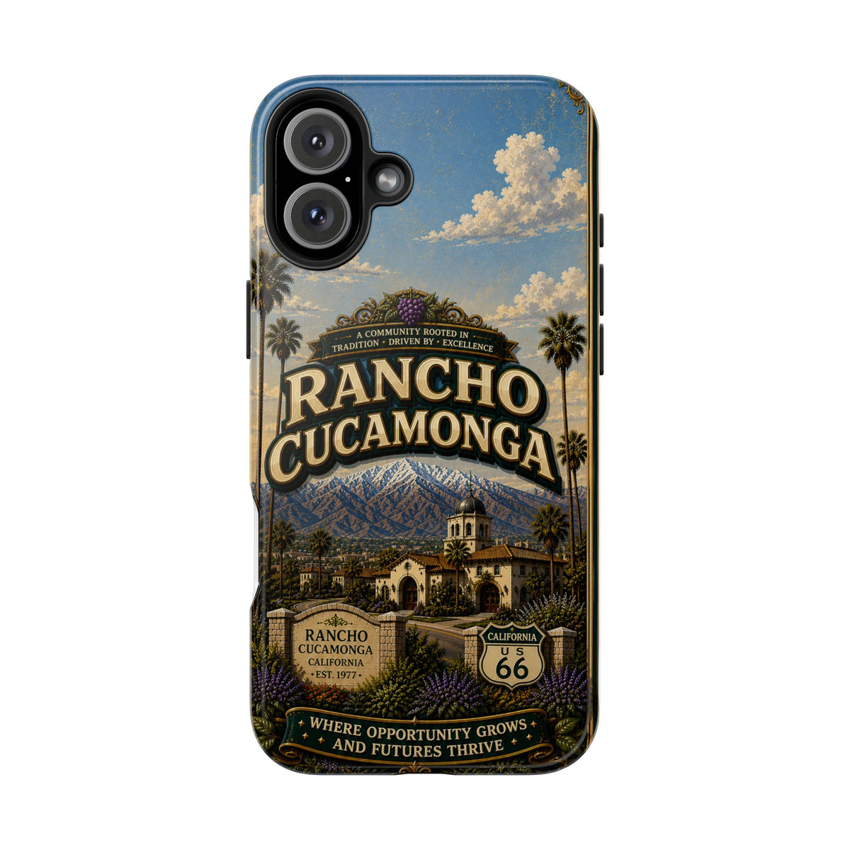 Rancho Cucamonga Where Opportunity Grows Faux Patchwork Phone Case – Route 66 Vintage Travel Art Cover