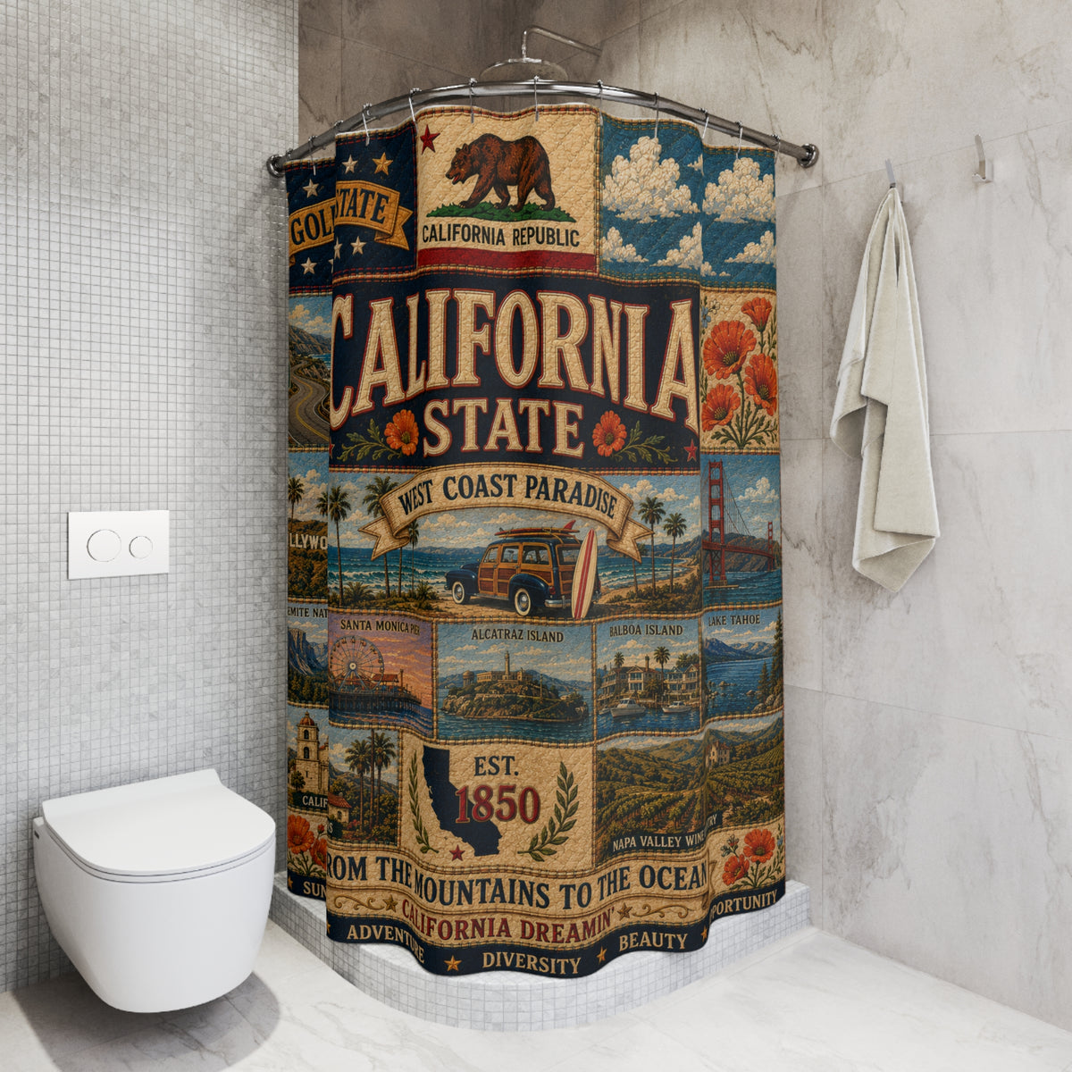 California State Shower Curtain Golden State Faux Patchwork West Coast Paradise Iconic Landmarks California Dreamin Bathroom Decor