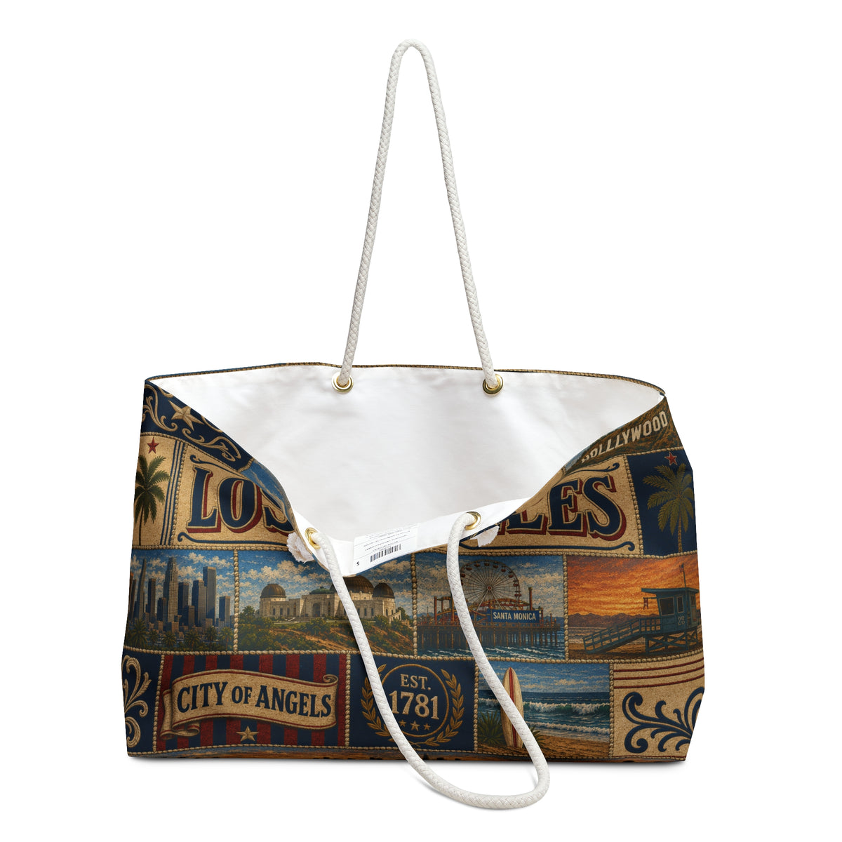 Los Angeles California Weekender Bag City of Angels Faux Patchwork Travel Tote Hollywood Coastal Vintage Souvenir Gift