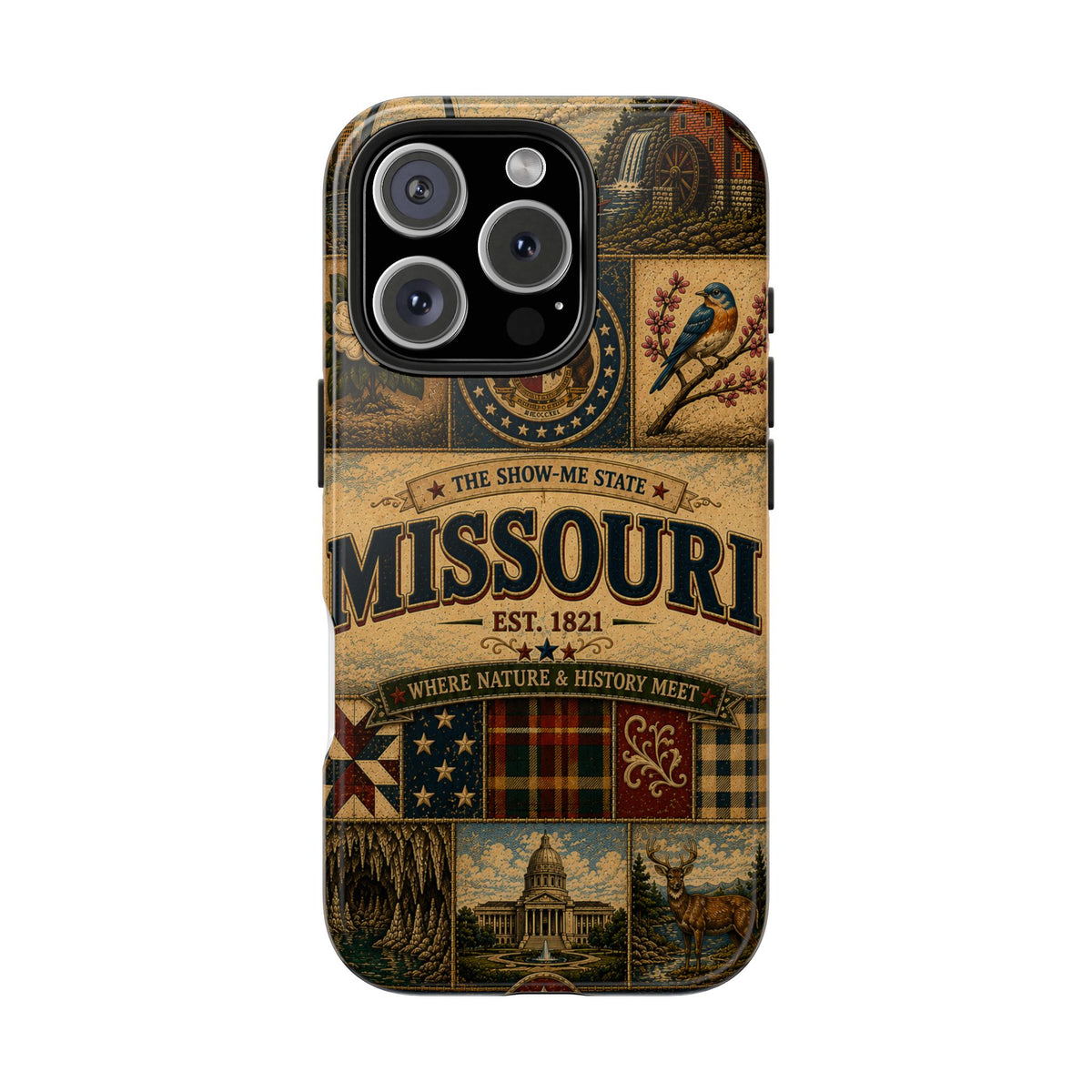 Missouri Show Me State Faux Patchwork Phone Case – Vintage Travel Poster Gateway Arch & Riverboat Cover for iPhone & Samsung
