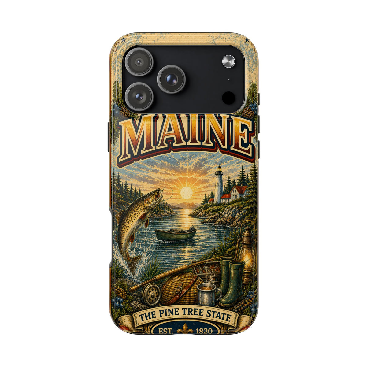 Maine Vacationland Faux Patchwork Phone Case – Vintage Travel Poster Style Coastal Maine Souvenir Cover for iPhone & Samsung