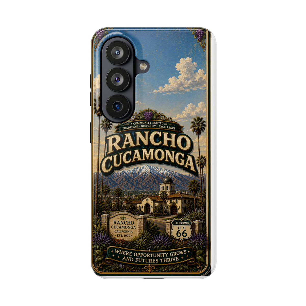 Rancho Cucamonga Where Opportunity Grows Faux Patchwork Phone Case – Route 66 Vintage Travel Art Cover