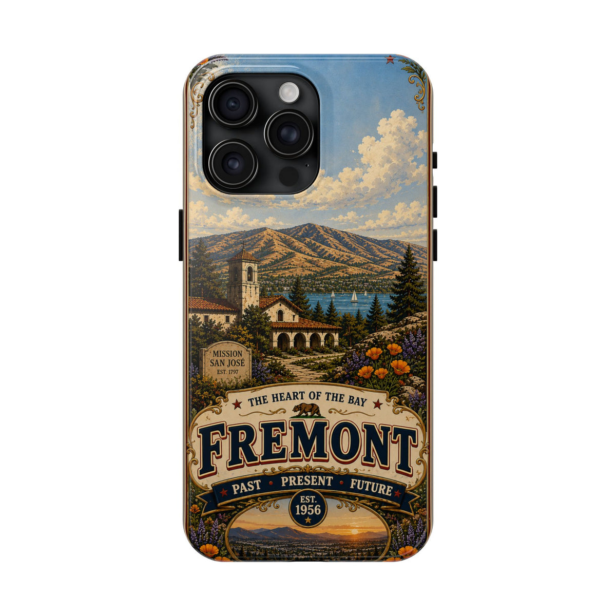 Fremont California Faux Patchwork Phone Case – Heart of the Bay Retro Travel Art, Mission San José Landmark Cover