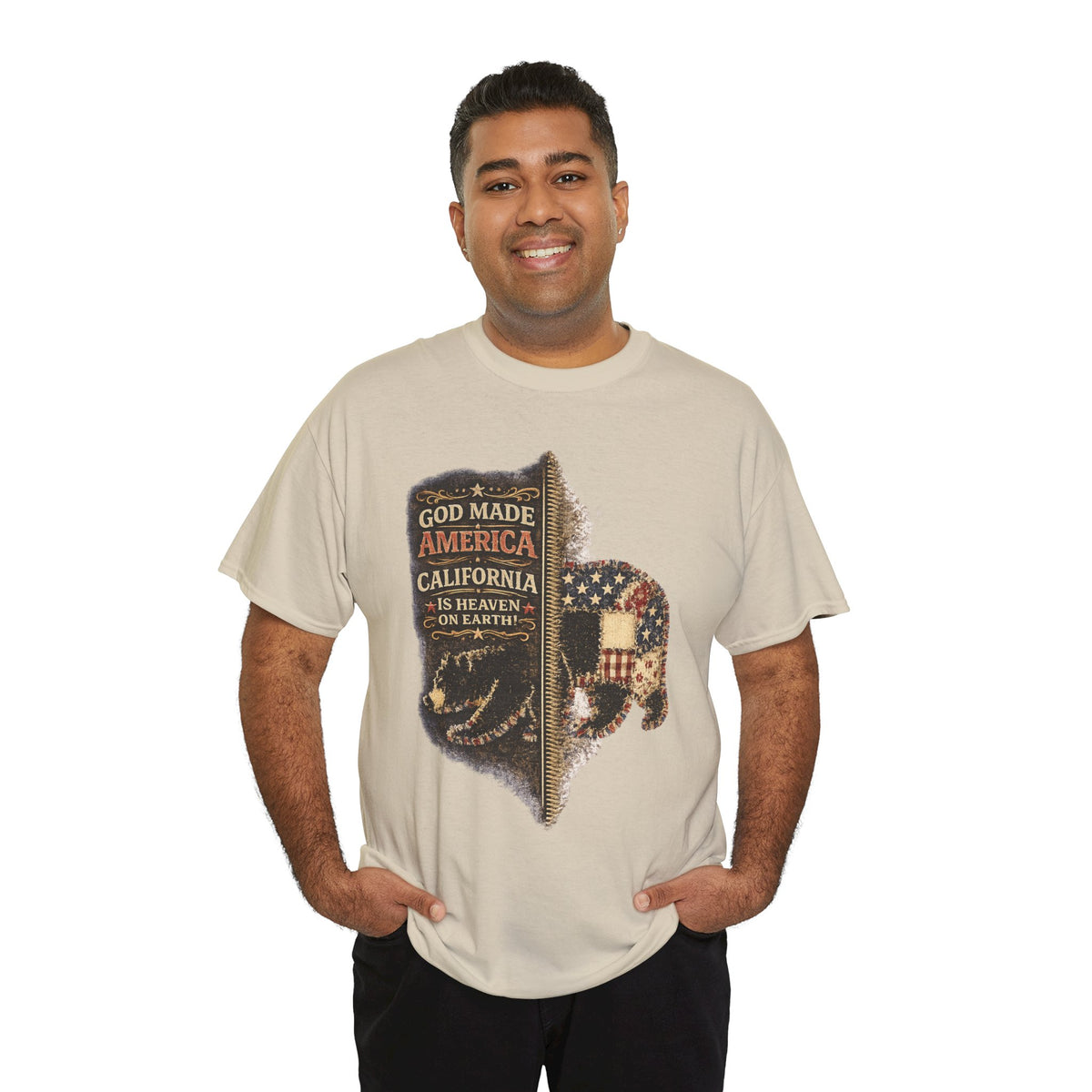 California Buffalo Patriotic T-Shirt — "God Made America, California Is Heaven on Earth"