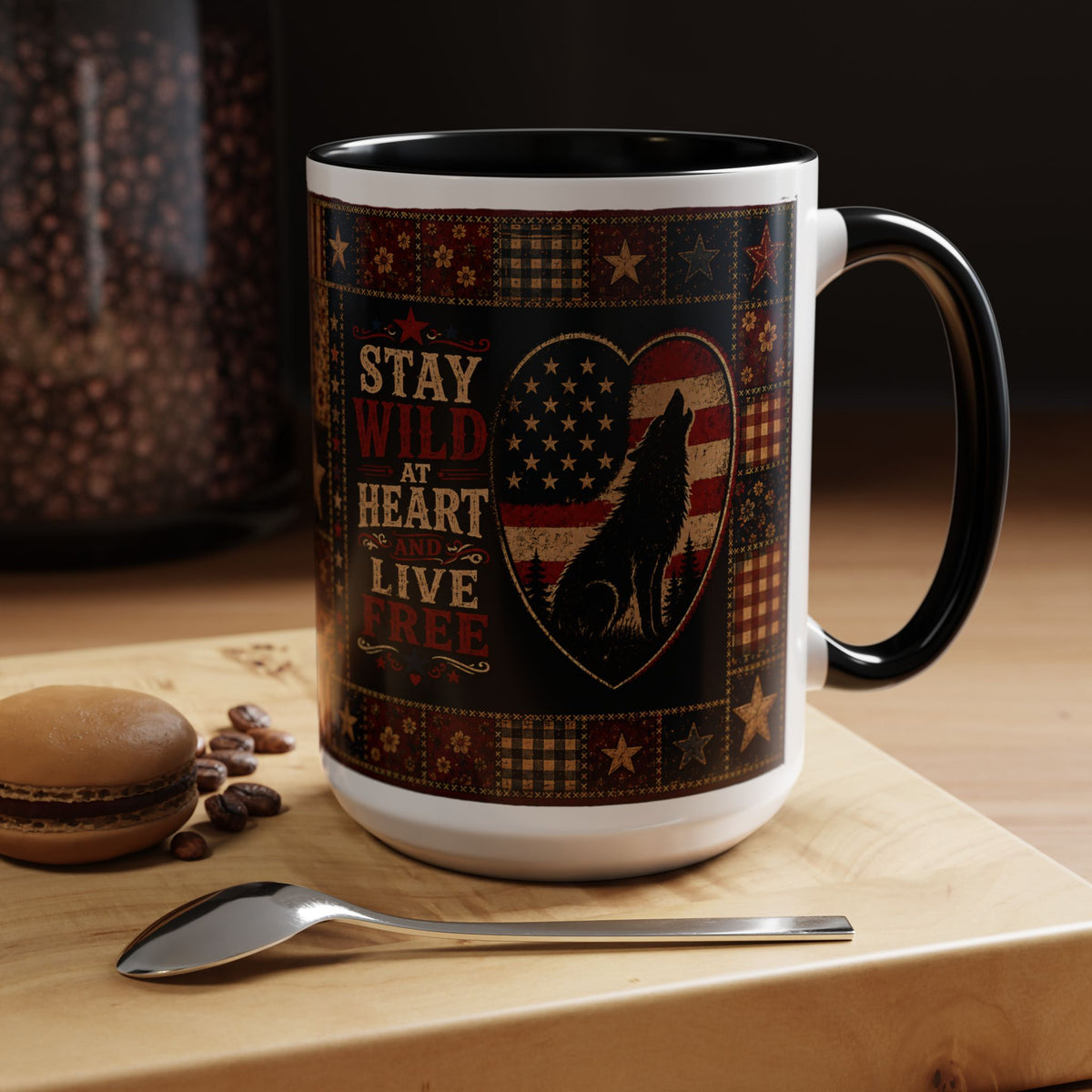 Patriotic Wolf Coffee Mug - "Stay Wild at Heart, Live Free" Accent Mug
