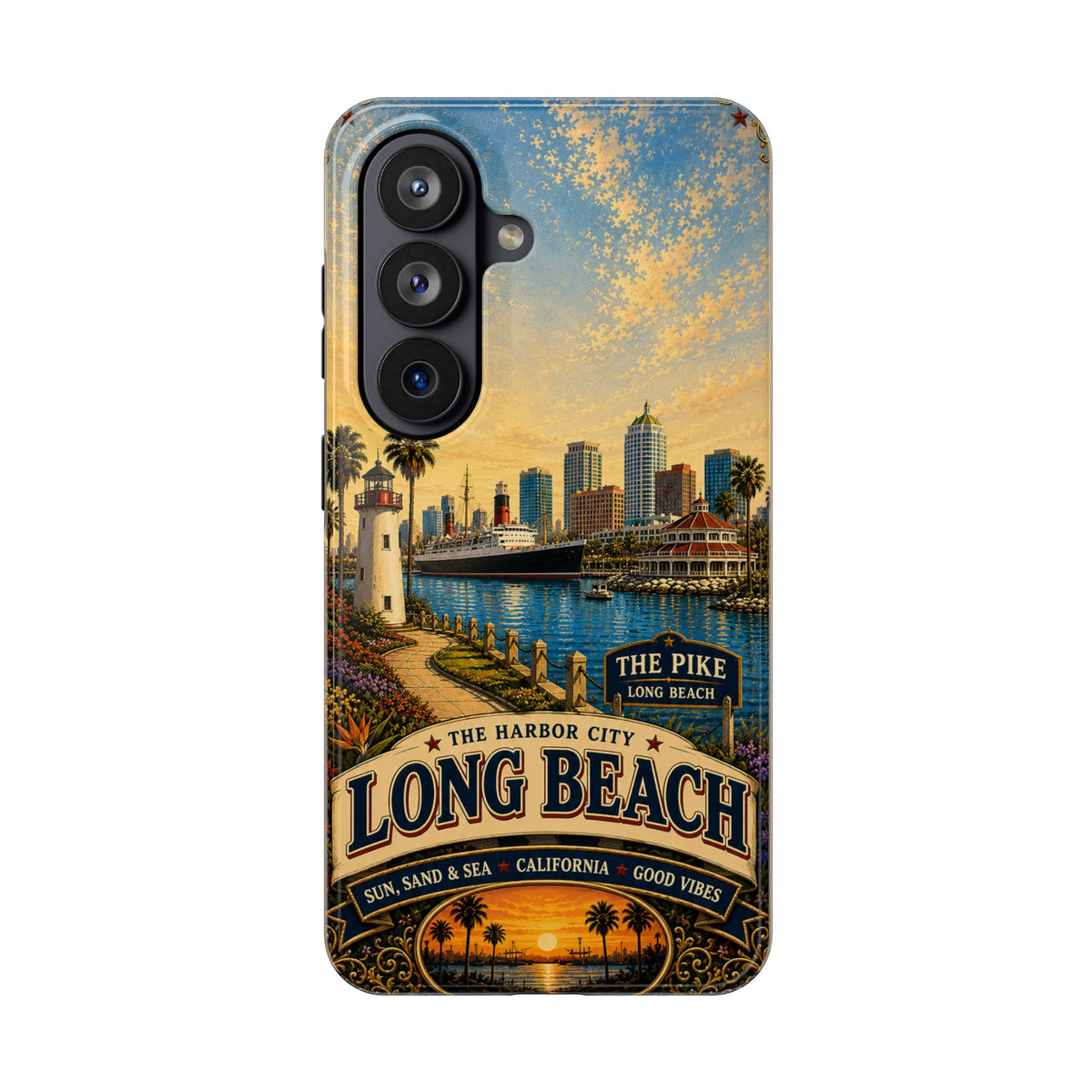 Long Beach Faux Patchwork Phone Case – Harbor City Coastal Retro Art, California Sunset Waterfront Cover